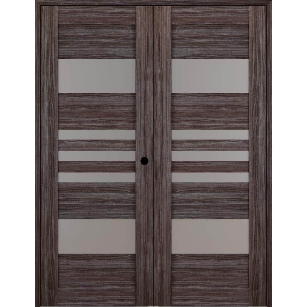 Gray Oak and Frosted Glass Prehung Double French Door