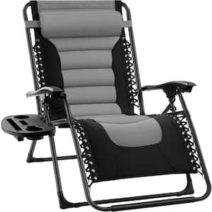 Oversized Padded Zero Gravity Gray/Black Metal Reclining Outdoor Lawn Chair w/Side Tray