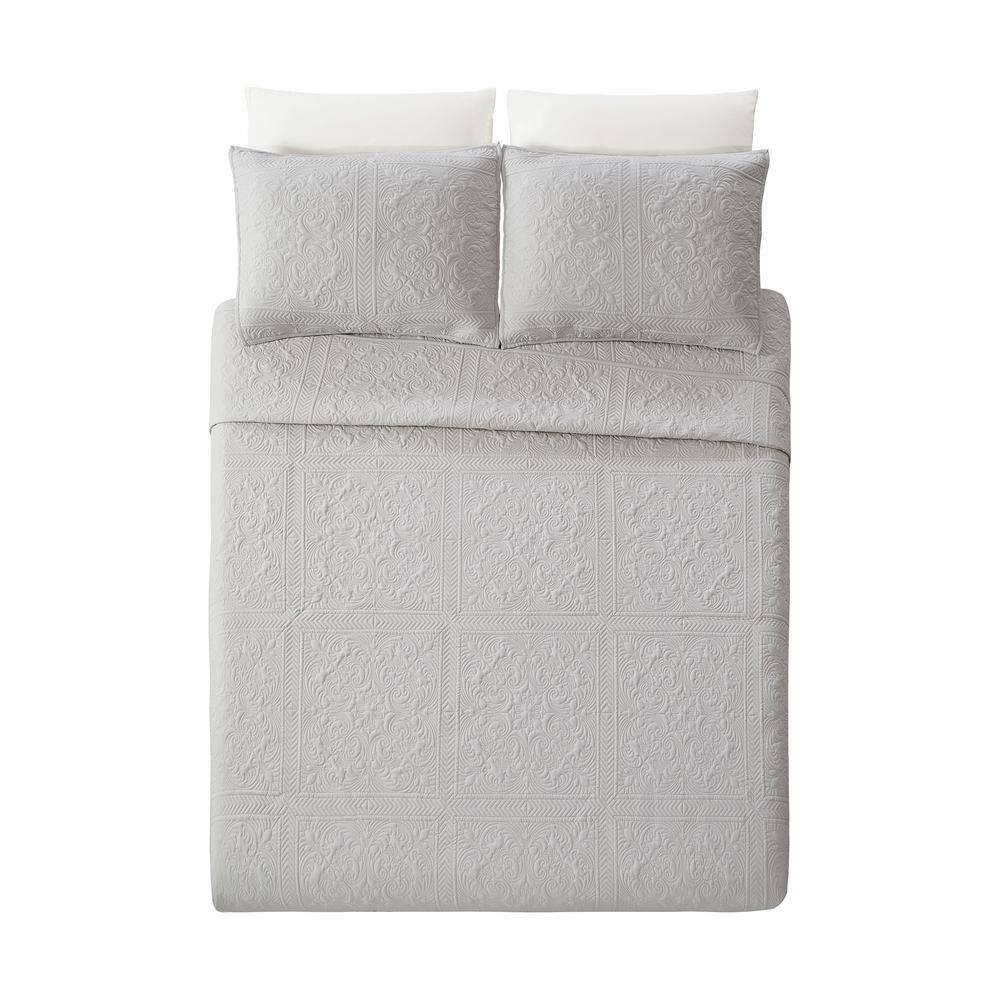 Gray Full Microfiber Bedspread Set with Intricate Stitch Pattern