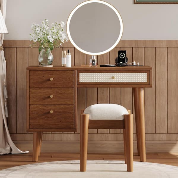Walnut 39 in. W Makeup Vanity with 3 Storage Drawers and 1 Rectangular Rattan Drawer, Dresser with Stool(Without Mirror)