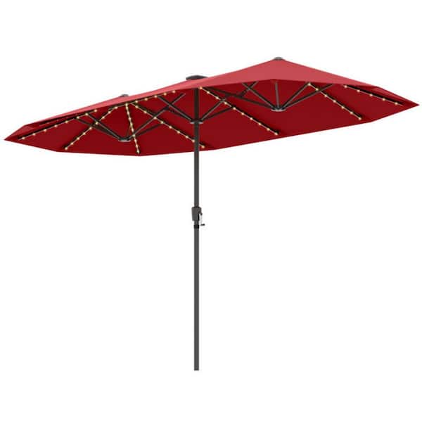 WELLFOR 13 ft. Double-Side Market Patio Umbrella in Red with LED Solar Lights and Crank