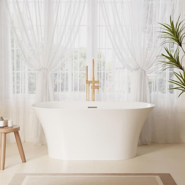 59 in. x 31.5 in. Acrylic Freestanding Soaking Bathtub with Center Drain and Overflow in White