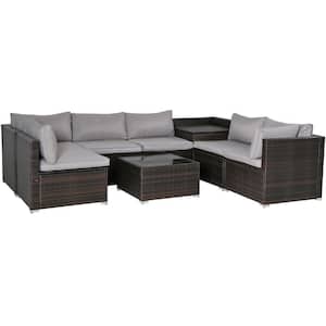 8-Piece Brown Wicker Patio Conversation Set with Gray Cushions, Corner storage box and Coffee Table