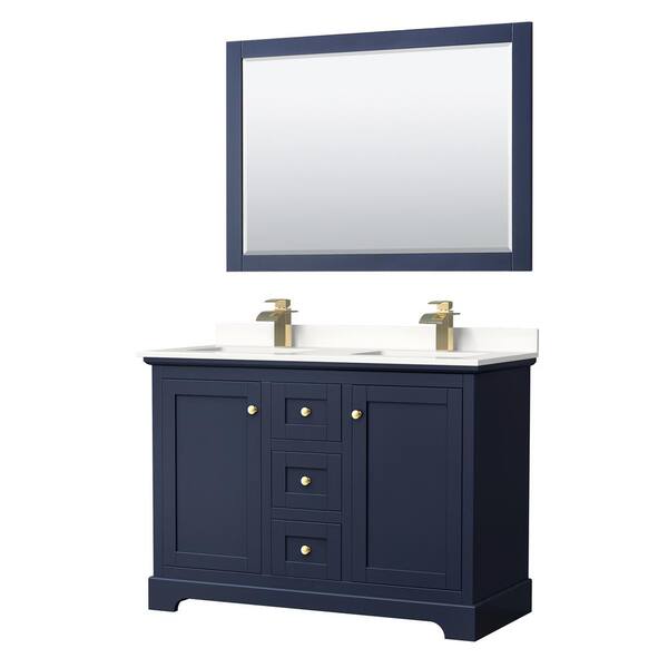 Wyndham Collection Avery 48 in. W x 22 in. D x 35 in. H Double Bath Vanity in Dark Blue with White Quartz Top and 46 in. Mirror