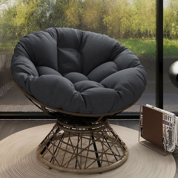 Outdoor and Indoor 360° Swivel Brown Wicker and Metal Frame Lawn Chair with Black Olefin Fabric Cushion