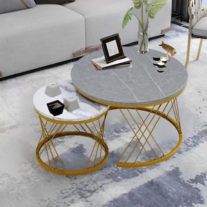 27.59 in. Gray Minimalist Nesting Coffee Table, Round Wooden Top Nesting Coffee Table Nesting Tables With Metal Legs