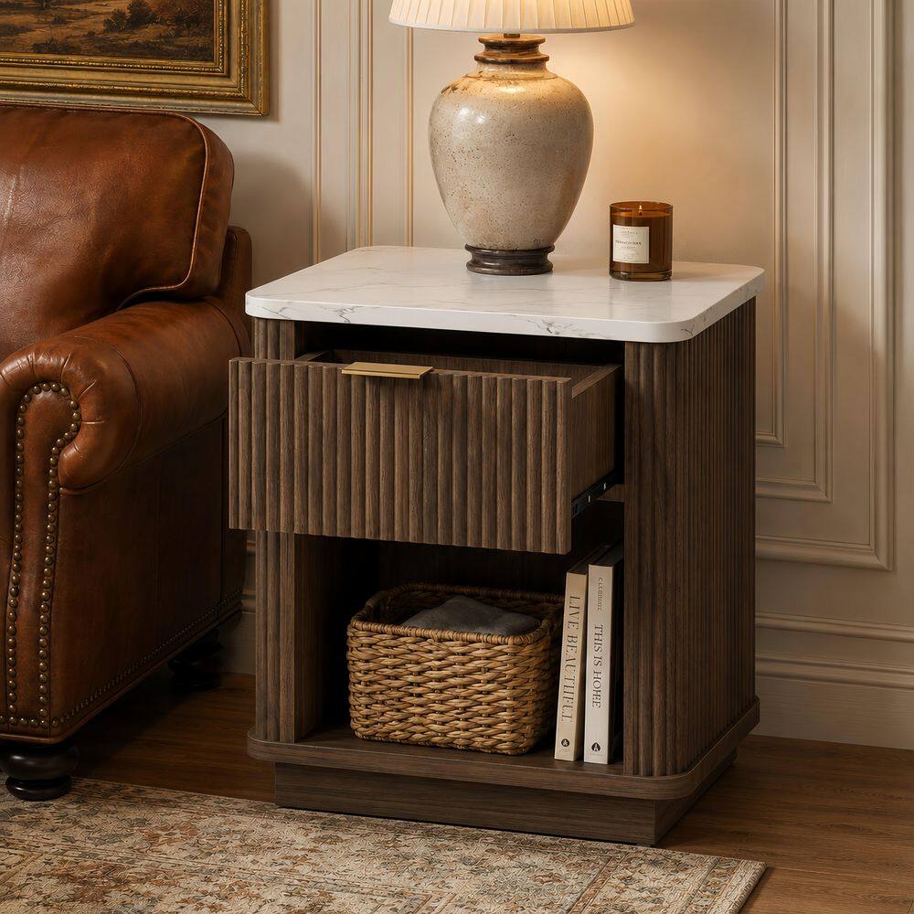 Brown nightstand with glass top and basket shelf in a bedroom.