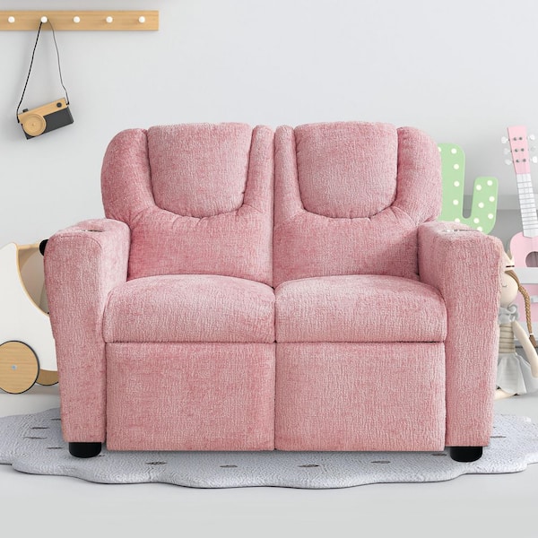 Pink Recline Relax, Rule Kids Comfort Champions Push Back Kids Loveseat with Footrest and Cup Holders in Chenille Fabric