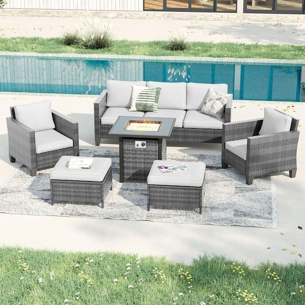 6-Pieces Patio Conversation Set with Square Fire Pit Table, Gray Wicker Wide Armrests Sofa with Linen Gray Cushion