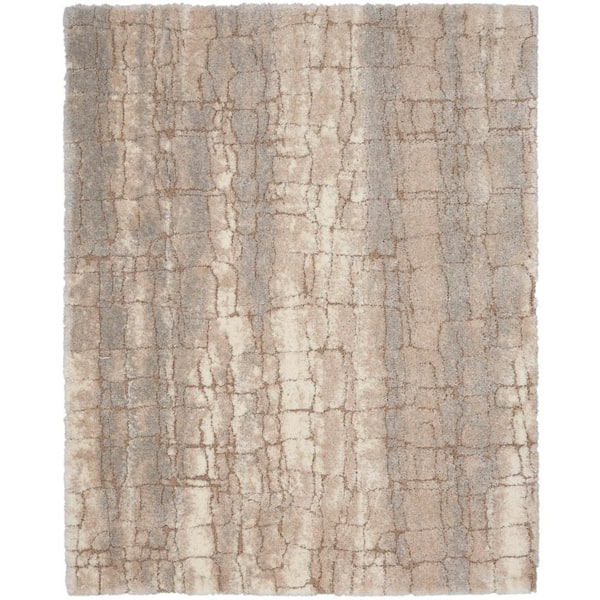 Luxurious Shag Ivory Beige 7 ft. x 9 ft. Abstract Contemporary Area Rug