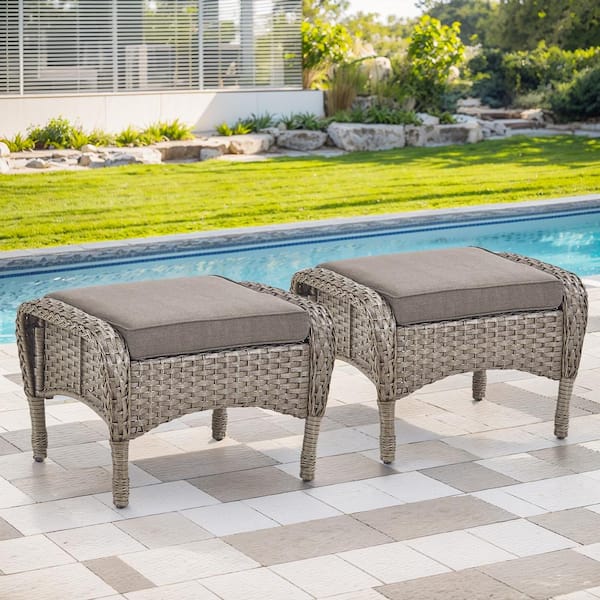 SleekArm Gray Wicker Outdoor Ottoman with Gray Cushions for Patio Furniture PE Resin Footrest (Set of 2)