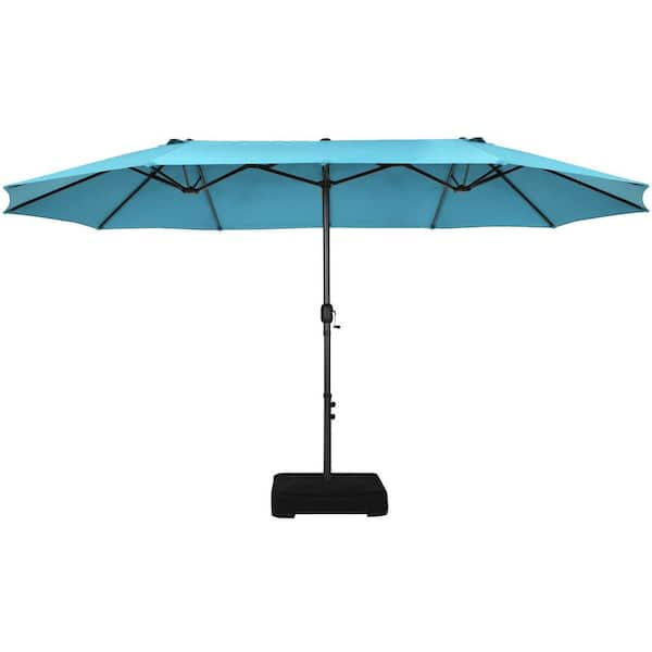 ANGELES HOME 15 ft. Double-Side Steel Crank Extra Large Market Patio Umbrella with Sandbags and Cross Base in Turquoise