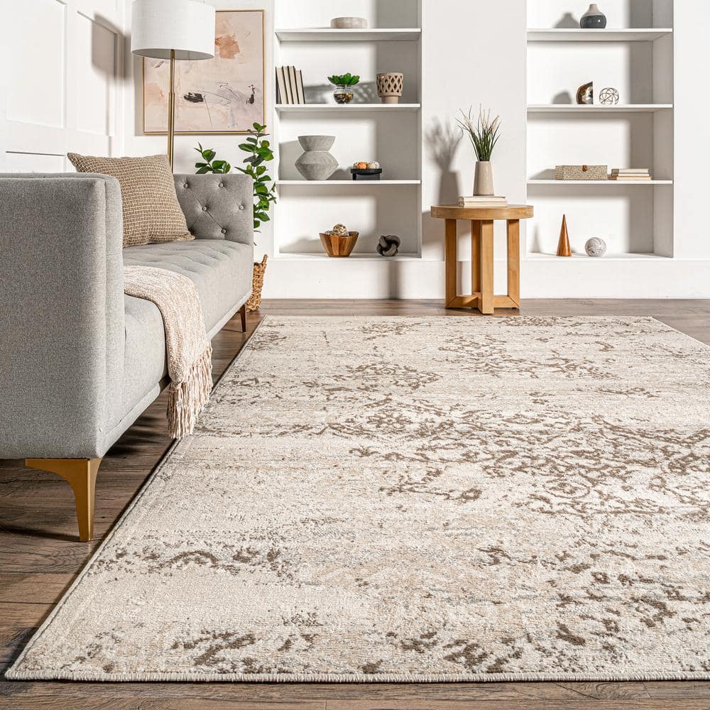 Beige Floral Synthetic Rectangular Area Rug 6' 7" x 9'