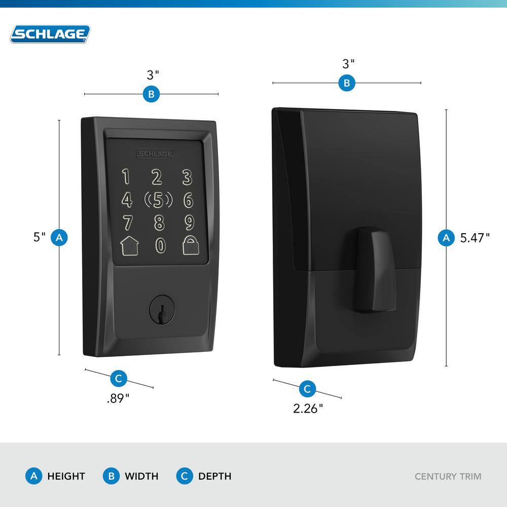 Century Matte Black Electronic Encode Plus Smart Wifi Deadbolt