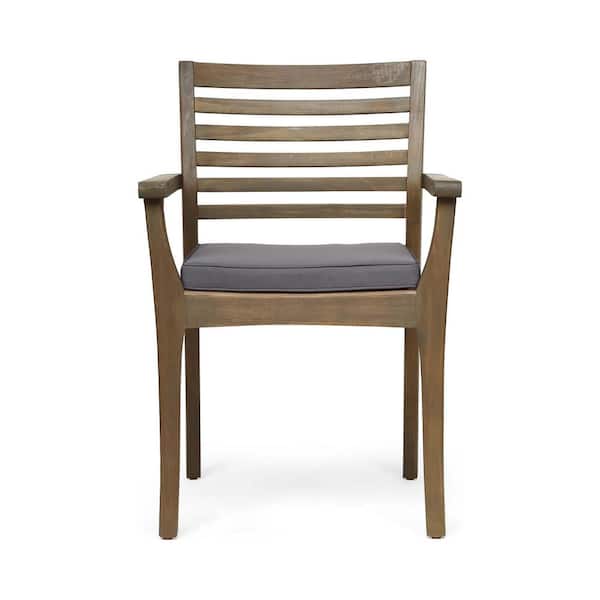 Acacia Wood Outdoor Dining Chair with Water-Resistant Cushions Featuring Velcro Straps, Dark Grey (2-Pack)