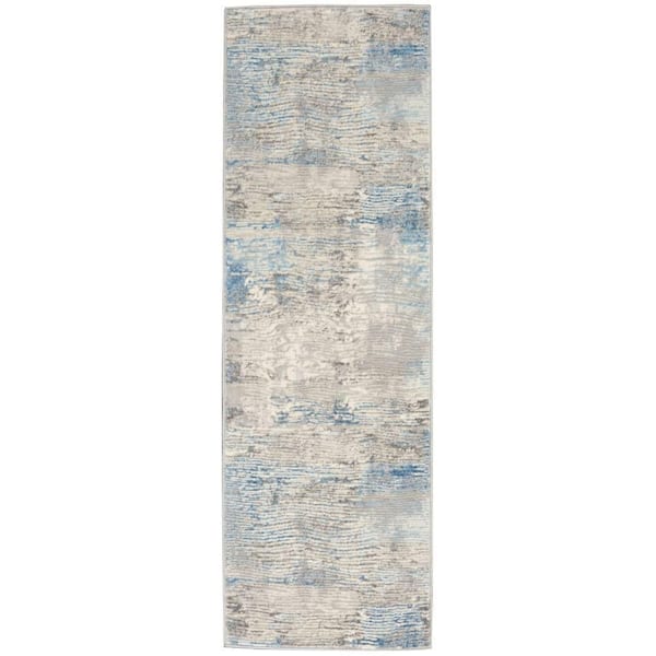 Solace Ivory/Grey/Blue 2 ft. x 7 ft. Abstract Contemporary Kitchen Runner Area Rug
