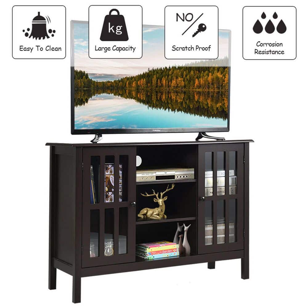 Elegant Tall Brown TV Console with Cabinet Storage and Shelves