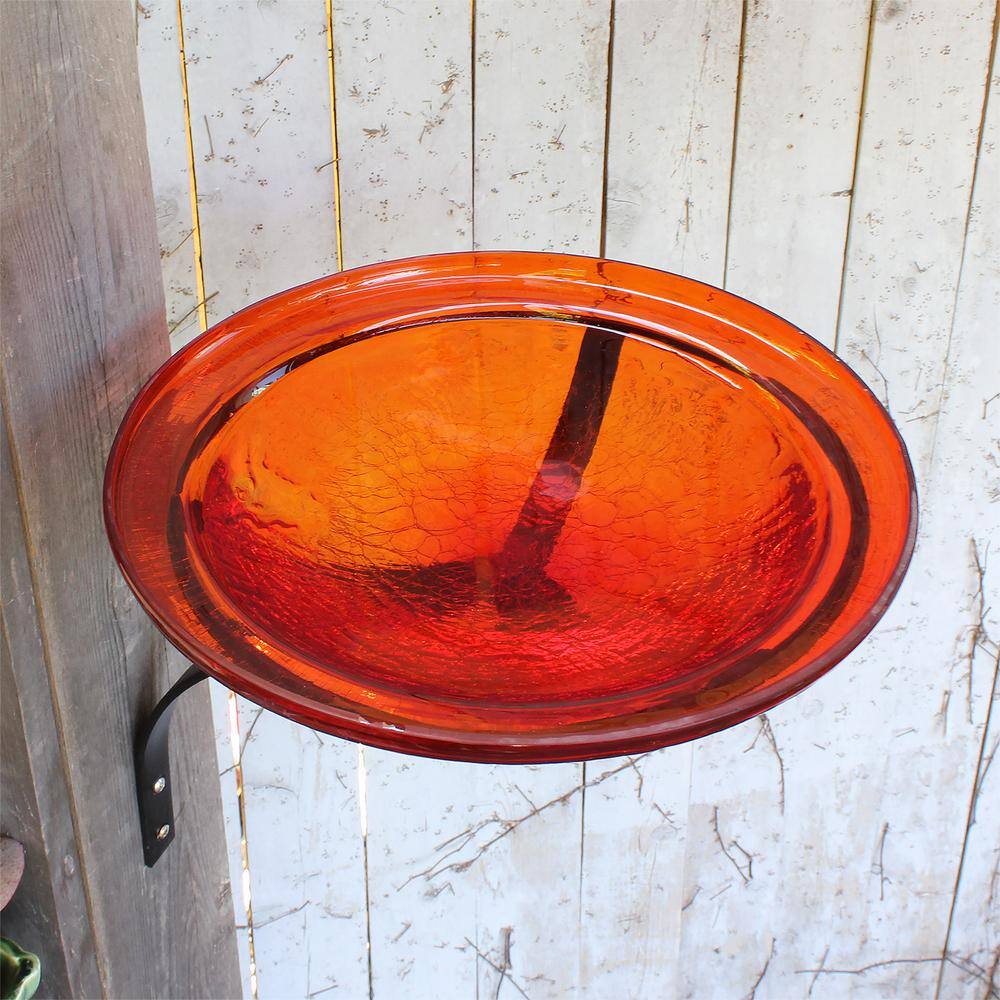 Tomato Red Crackle Glass Wall-Mounted Birdbath with Iron Bracket