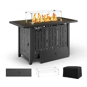 Outdoor Black Rectangle Metal Gas Propane Fire Pits with Ceramic Tabletop, Glass Fire Stones and Water-Resistant Cover