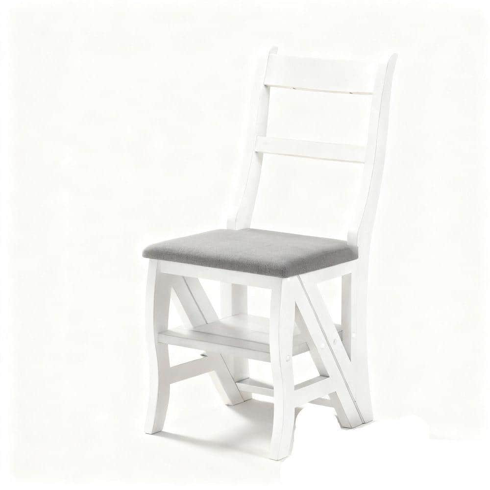 White Solid Wood Side Chair, Foldable Ladder Chair, Dual-Purpose
