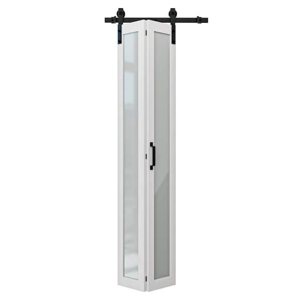 ARK DESIGN 25 in. x 84 in. 1 Lite Tempered Frosted Glass White Finished Composite MDF Bi-Fold Sliding Barn Door with Hardware Kit
