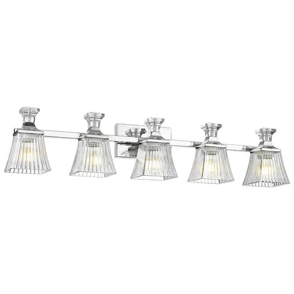 JAZAVA 37.8 in. 5-Light Chrome Vanity Light with Clear Shade for Bathroom Living Room