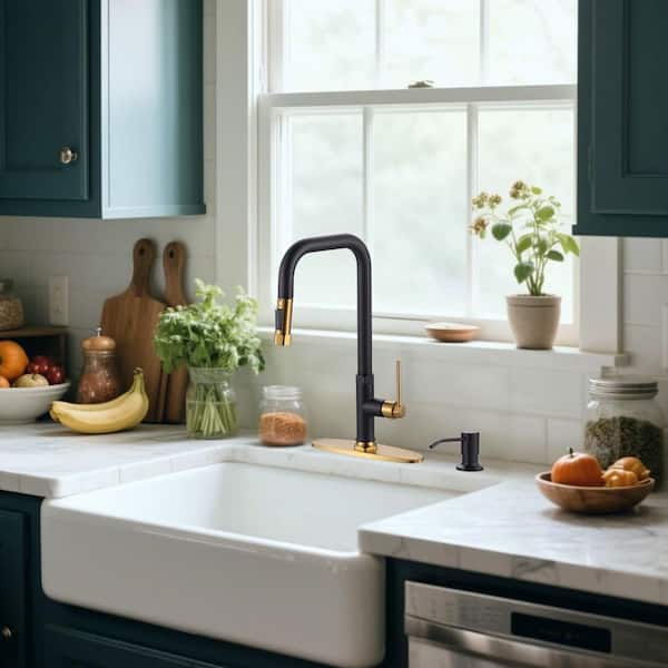 17 in. Single Handle Pull Down Sprayer Kitchen Faucet with 360° 2-Mode Spray and Soap Dispenser in Black and Gold