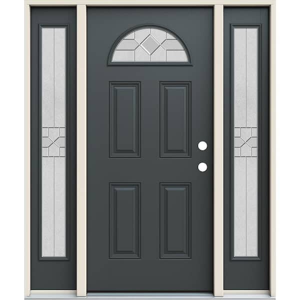 JELD-WEN 60 in. x 80 in. Left-Hand Fan Lite Decorative Glass Caldwell Marine Fiberglass Prehung Front Door W/Sidelites