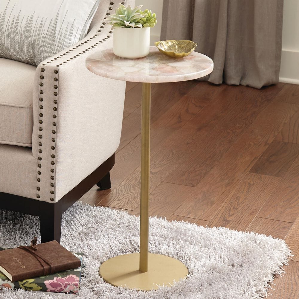 Rosie Round Rose Quartz and Brass Chairside Table