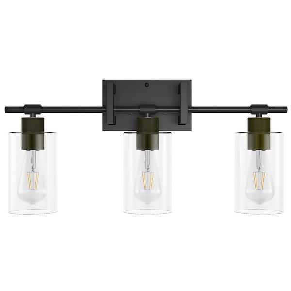 aiwen 21.6 in. 3-Light Black Bathroom Dimmable Vanity Light with Clear Glass Shades