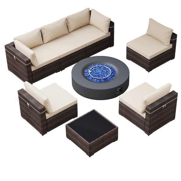 UPHA 8 Pieces Outdoor Fire Pit Patio Set with 42 in. Iron Propane Fire Pit Table, Coffee Table and Beige Cushions