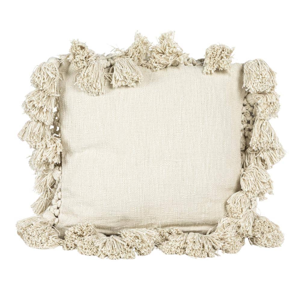 Modern Space-Themed Crochet & Tassel 18" Square Cotton Pillow - Cream