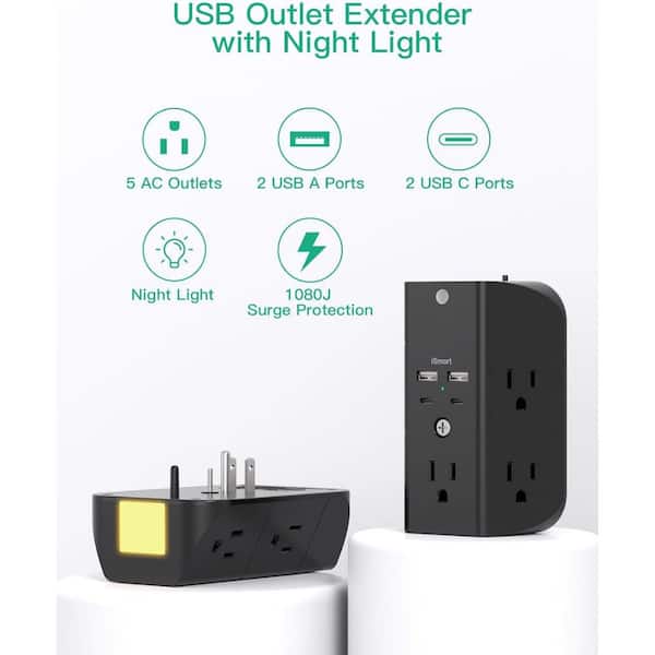 EKIEUDL - 5-Outlet Power Strip Surge Protector Extender Splitter with 4 USB Port in Black