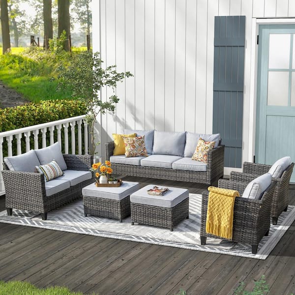 XIZZI Venus Gray 6-Piece Wicker Outdoor Patio Conversation Seating Set with Gray Cushions