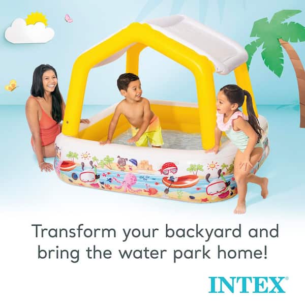 Intex - Square 62 in. x 48 in. Deep Inflatable Ocean Scene Sun Shade Kids Swimming Pool with Canopy