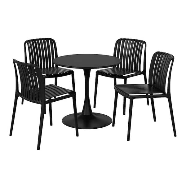 WESTIN OUTDOOR Frond and Form Outdoor Patio Modern 5-Piece Round HDPE Plastic Dining Table Set with Stackable Chairs, Black