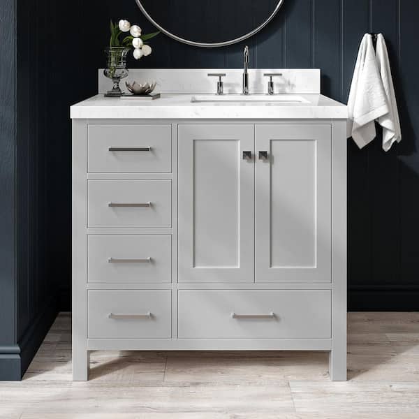 ARIEL Cambridge 36.25 in. W x 22 in. D x 36 in. H Single Sink Freestanding Bath Vanity in Grey with Carrara Quartz Top