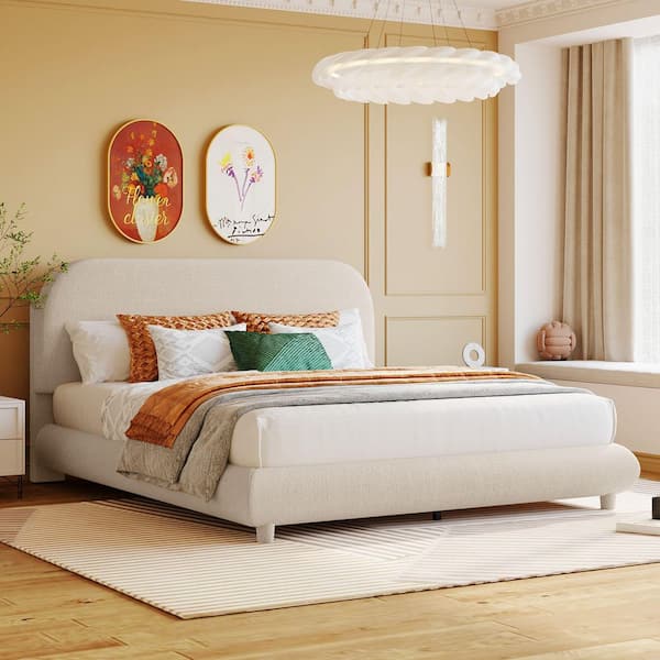 Beige Wood Frame Queen Upholstered Platform Bed with Thick Fabric, Solid Frame and Stylish Curve-Shaped Design