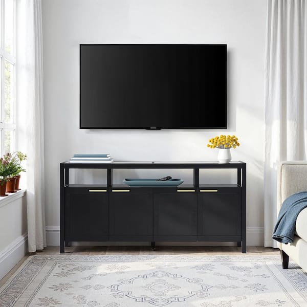 Isla 58 in. Black Solid Wood Modern TV Stand with Glass Top (Max TV Size 68 in. )