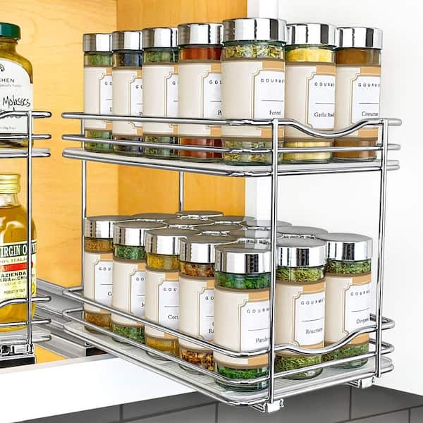 6-1/4 in. Wide Double Silver Chrome Slide Out Spice Rack Pull Out Cabinet Organizer
