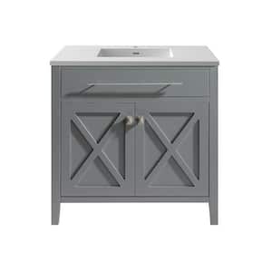 Wimbledon 36 in. W x 22 in. D x 34.5 in. H Bathroom Vanity in Grey with Matte White Solid Surface Top