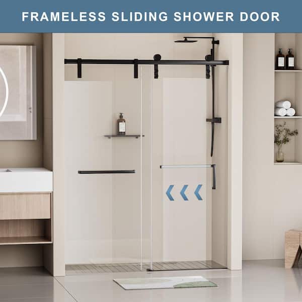 60 in. W x 76 in. H Soft Closing Single Sliding Frameless Shower Door in Matte Black Finish with 5/16 in. Tempered Glass