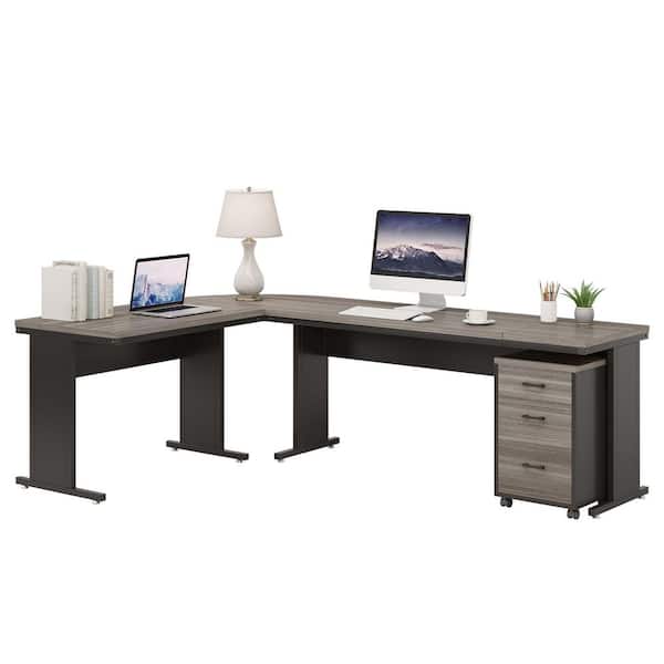 Capen 83 in. L-Shaped Grey Wood 3-Drawer Executive Desk Computer Desk Work Desk with File Cabinet