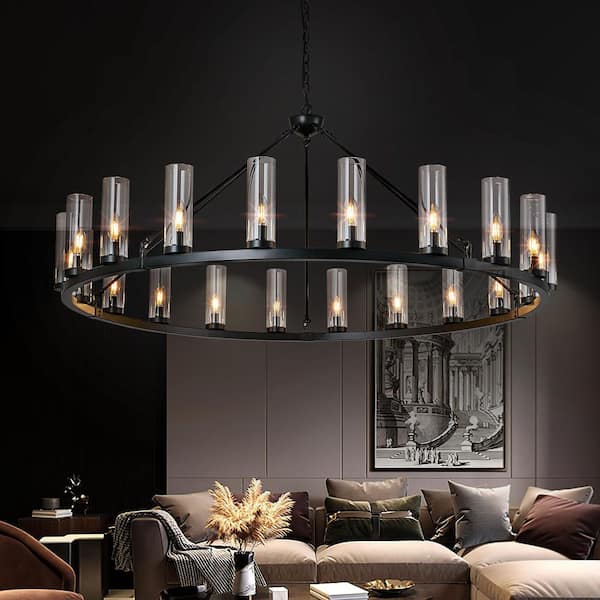 Home Lighting 54 in. 20-Light Black 20 Light Round Wheel Chandeliers Pendant Light for Stair Living Room
