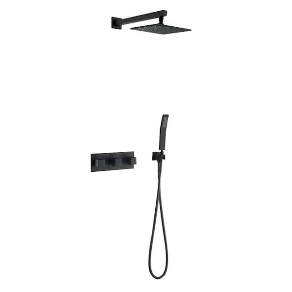 WELLFOR 1-Spray Patterns 3-Handles with 2 GPM 10 in. Wall Mount Dual Shower Heads in Matte Black