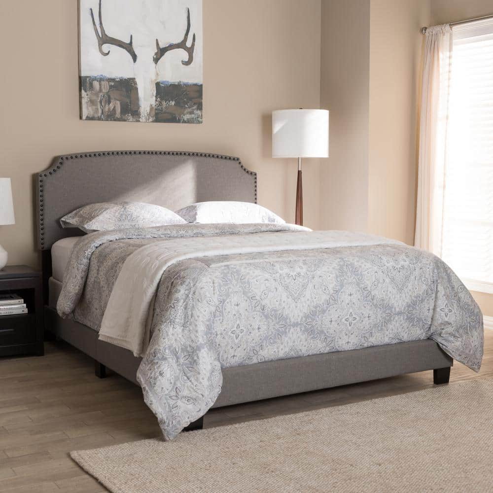 Odette Contemporary Light Beige Upholstered Queen Bed with Nailhead Trim
