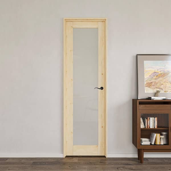 24 in. x 80 in. Left Handed Frosted Glass Solid Core UniFinished Pine Wood Door with Quick Assemble Jamb 1-Lite