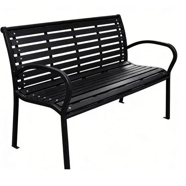 23.2 in. Black Metal Steel Outdoor Bench with WPC Seat and Backrest Slats