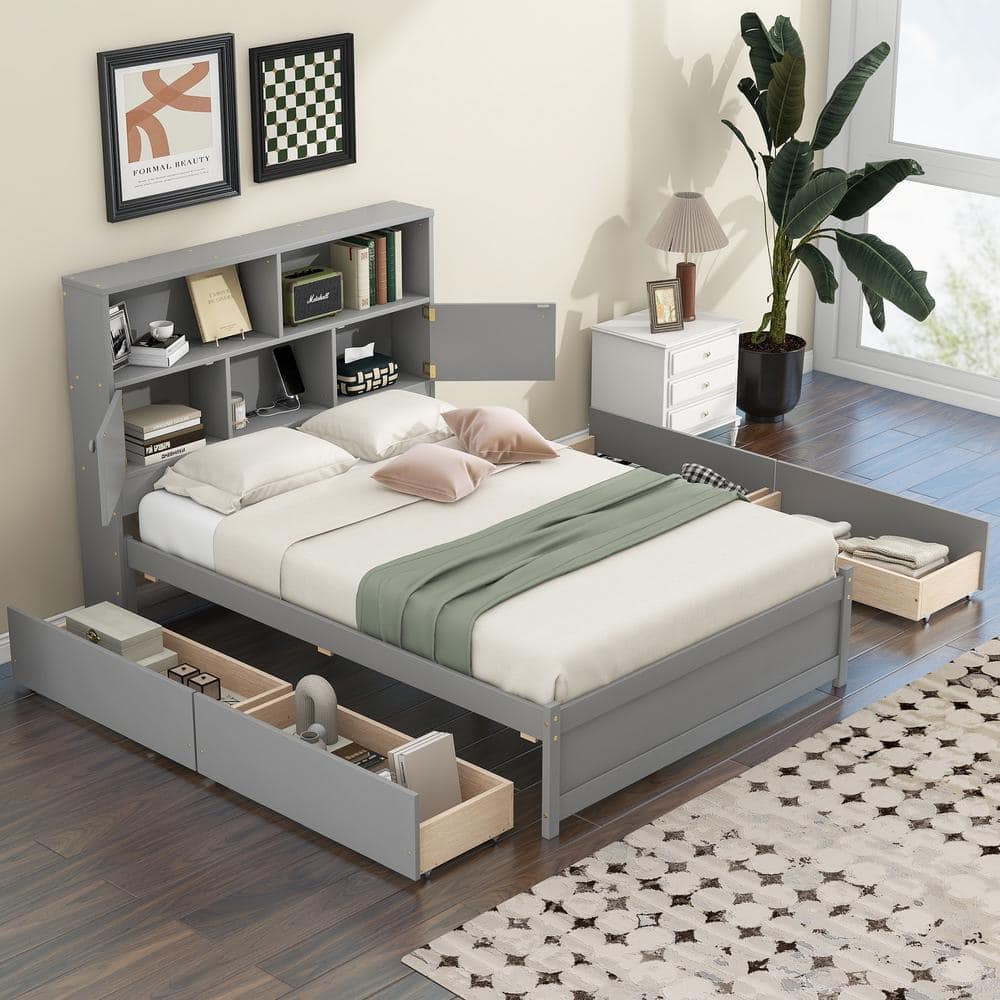 Harper & Bright Designs Gray Wood Frame Full Size Platform Bed with 4 ...