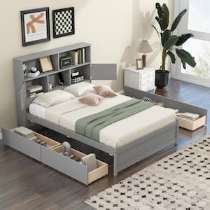 Gray Wood Frame Full Size Platform Bed with 4-Drawer, Storage Headboard including Shelves, USB Charging, Compartments